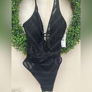 NWT Becca Swim Black Lace One Piece Swimsuit. Size L